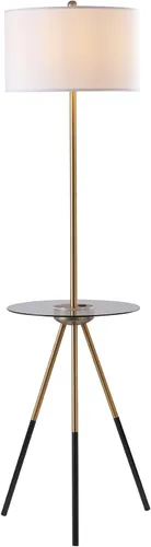 Versanora Myra - Lámpara de pie con trípode de lectura moderna con puerto USB y mesa de cristal, pantalla blanca, acabado negro