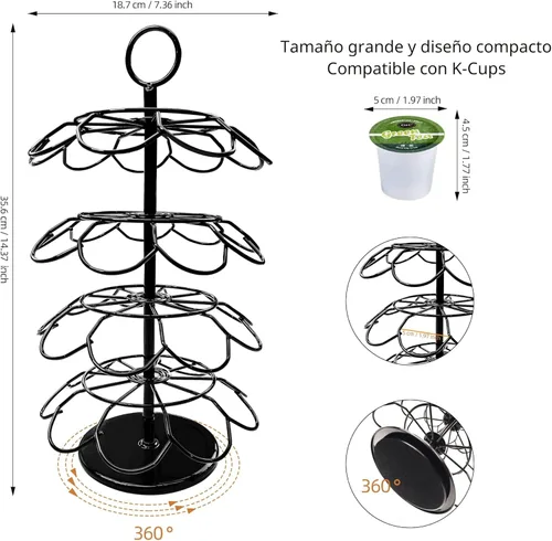 Miniatura 6 de ROWISE - Soporte y organizador para cápsulas K-Cup de carrusel para 36 cápsulas - Gira 360 grados, desmontable, diseño moderno de metal en negro