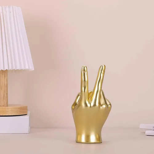 Miniatura 4 de LCCCK Escultura de mano dorada para decoración de signo de paz, estatua de mano de gesto genial para estantes, regalo extraño escultura funky