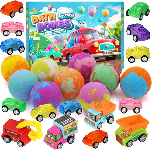 Miniatura 2 de Bombas de baño para niños con juguetes en el interior, bombas de baño para niños y niñas, juego de bombas de baño de 9 piezas incluye 9 carros