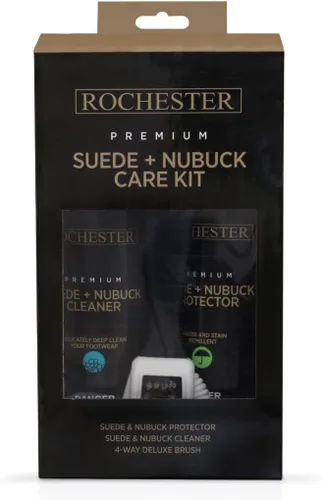 Rochester Kit de cuidado de gamuza + nobuck premium, surtido de limpiador de zapatos con protector de gamuza y nobuck y cepillo de zapatos de lujo