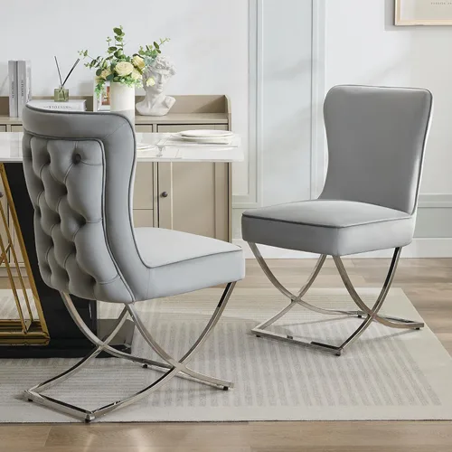 WUTUTUEE Sillas de comedor de terciopelo de lujo, sillas de comedor tapizadas sin brazos con patas en X de metal plateado, juego de 2 sillas de Gris