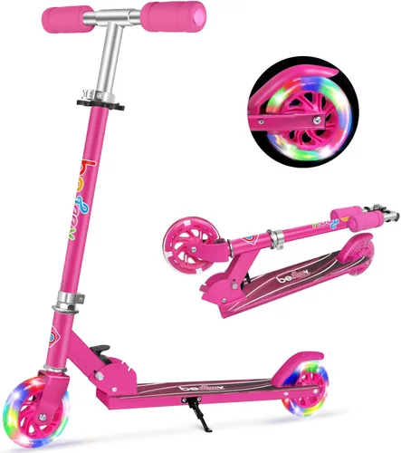 Miniatura 16 de BELEEV V1 Patinetas para niños, patineta plegable de 2 ruedas para niños y niñas, 3 alturas ajustables, ruedas iluminadas, patineta ligera con Rosa