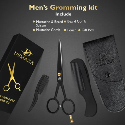 Miniatura 7 de DEMAXA Tijeras profesionales de barba de 5 pulgadas para hombres, tijeras para bigote con 1 peine para bigote, 1 peine para barba y bolsa suave, kit