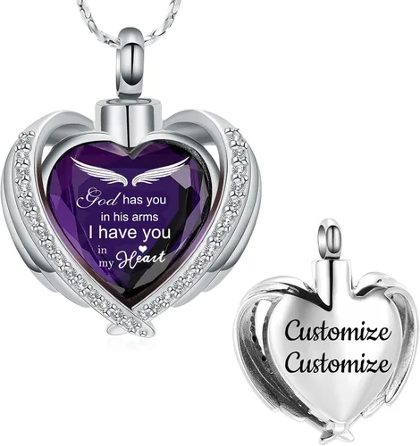 Miniatura 12 de Imrsanl Collares con Colgante de Urna de Corazón de Alas de Ángel para Mujeres y Niñas, Piedra Natal de Cristal, Joyería de Cremación, Urnas