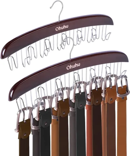 Miniatura 10 de Organizador de colgadores para cinturón para clóset: Ohuhu con 12 ganchos, máximo 36 cinturones, colgador de corbatas, soporte de cinturón de Nogal