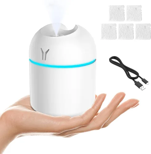 Mini humidificador portátil, 8.5 fl oz, niebla fría 3 en 1 con almohadillas de aroma, luz nocturna colorida, USB para coche y viaje (blanco)