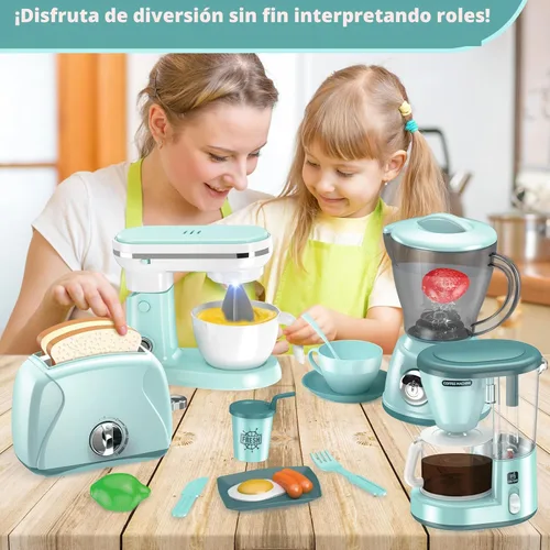 Miniatura 2 de Shemira Accesorios de Cocina de Juguete, Juego de Electrodomésticos de Cocina de Juguete con Cafetera, Licuadora, Batidora, Tostadora, Juego