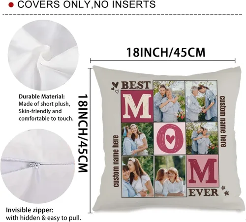 Miniatura 3 de Personalized Pillow Cover Combining 6 Images and Text for Mom, Cozy Throw Cushion Ideal as a Heartfelt Gift for Family Holidays Special Occasions or