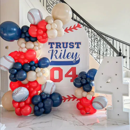 Miniatura 3 de VitaCraft Kit de arco de guirnalda de globos de béisbol, 136 piezas de arco de globos rojo, blanco y azul marino con guante de béisbol globo