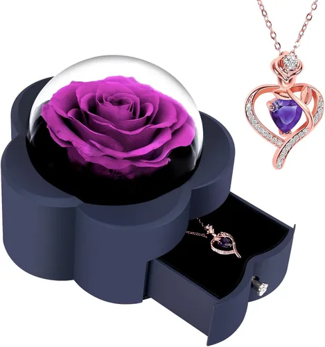 Miniatura 9 de Rosa preservada con collar de corazón, regalo de flor eterna para mamá, esposa, novia, mujer, perfecto para el día de San Valentín, cumpleaños, Rojo