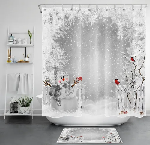 Miniatura 8 de Cortina de ducha de Navidad de invierno, lindo muñeco de nieve y cardenales en campo de nieve, cortina de ducha gris con escena de nieve para baño
