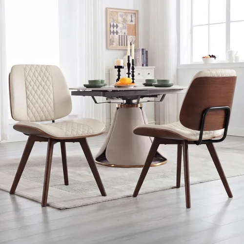 Miniatura 12 de BV - Juego de 2 sillas de comedor, sillas de cocina sin brazos de piel sintética en estilo moderno de nogal, silla auxiliar de madera curvada