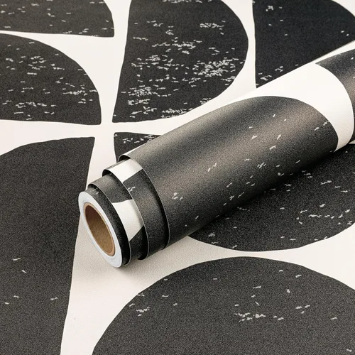 Miniatura 8 de Livelynine Papel tapiz negro atrevido para despegar y pegar, apto para inquilinos, color negro y crema de mediados de siglo, moderno, abstracto
