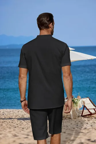 Miniatura 3 de COOFANDY Conjunto de 2 piezas de lino para hombre, camisas Henley casuales de manga corta, pantalones cortos de yoga para la playa, pantalones