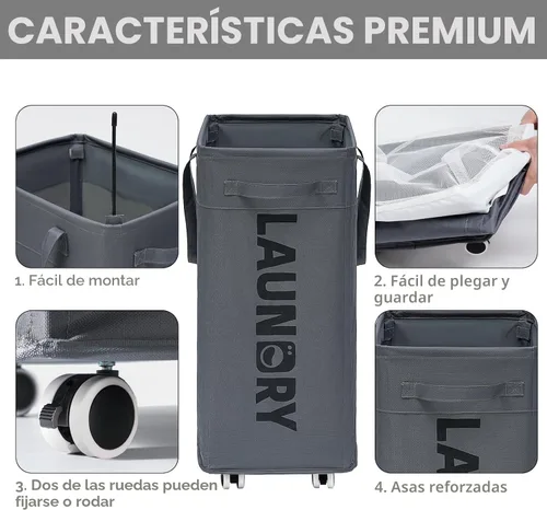 Miniatura 4 de Goodpick Cesta de lavandería con ruedas, cesta para la ropa sucia con bolsa de lavado extraíble, cesta de ropa sucia rodante, artículos esenciales