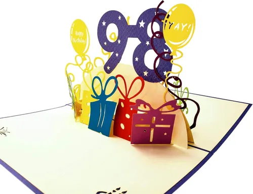 Miniatura 4 de iGifts And Cards Tarjeta desplegable 3D de cumpleaños 98, regalos coloridos y celebración de hitos de globos, saludo sincero para personas mayores