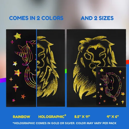Miniatura 3 de Hygloss Products Scratch Fun - Juego de arte de papel de rascar negro mate para niños, el kit incluye 50 papeles holográficos plateados, 8.5 x 11