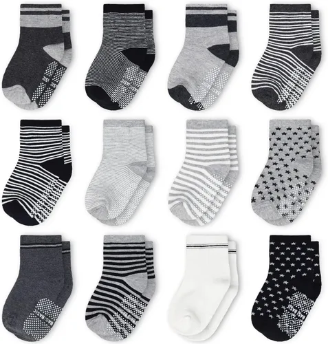 SkiBeaut Calcetines antideslizantes para niños y niñas de 1 a 7 años, 12 pares de calcetines para niños y niñas