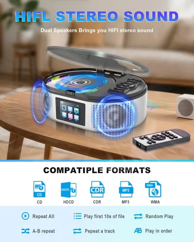 Miniatura 4 de Reproductor de CD portátil con altavoces estéreo duales, Boombox recargable de 4000mAh de escritorio Bluetooth 5.3 para el hogar y el automóvil