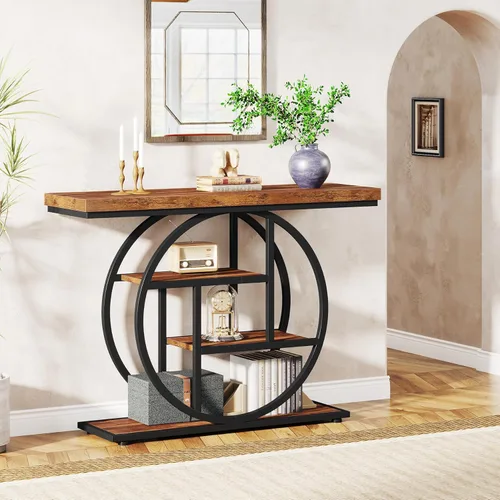 Miniatura 4 de Tribesigns Mesa de Consola de 41.3", Mesa Industrial de 4 Niveles para Sofá Mesa de Entrada con Base Circular, Mesas de Acento de Madera Estrechas