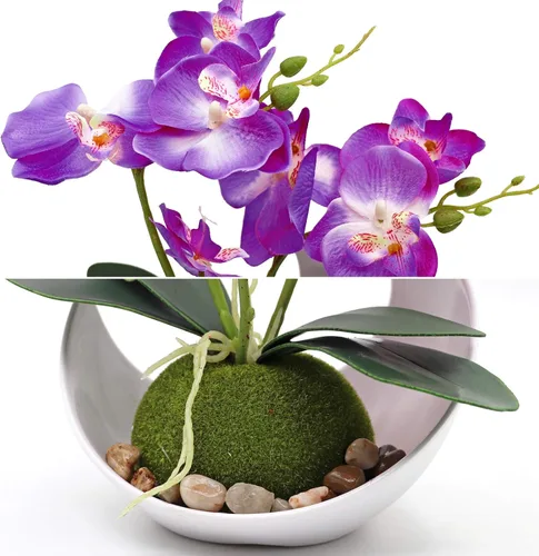 Miniatura 5 de MINYULUA Flor de orquídea artificial, arreglo floral de Phalaenopsis púrpura con jarrón, planta en maceta Bonsái para boda, fiesta, oficina, mesa