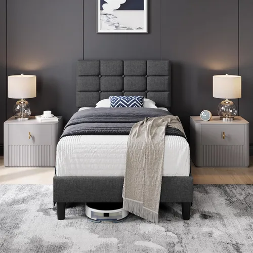 Miniatura 8 de Yaheetech Upholstered Bed Frame, Modern Twin Bed Platform with Square Stitched&Button Tufting Headboard Height Adjustable, Wooden Slats Support, No