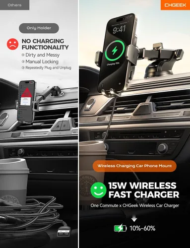 Miniatura 3 de Soporte inalámbrico con cargador de coche para teléfono, carga rápida de 15W, soporte de teléfono con sujeción automática para el salpicadero