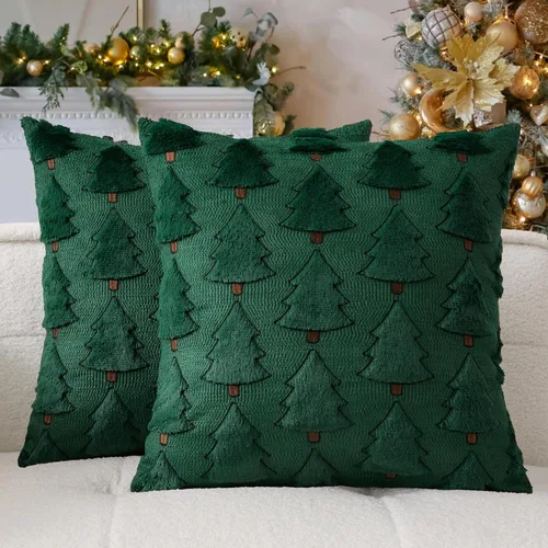Miniatura 53 de Kevin Textile - Fundas de almohada con diseño de árbol de Navidad de 16 x 16 pulgadas, juego de 2, bordado de lujo, felpa suave, piel sintética