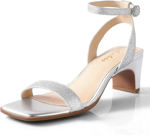 Ankis Tacones de punta cuadrada para mujer, tacones transparentes color nude, plateado, negro, con correa de tobillo, correa de tobillo, sandalias