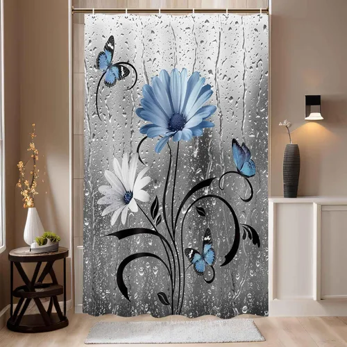 Miniatura 2 de Cortina de Ducha Rústica Azul Floral Boho, Cortinas de Flores de Margarita y Mariposa de Estilo Granja para Baño, Decoración de Baño Floral