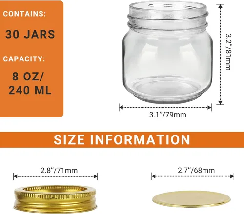 Miniatura 2 de Betrome Tarros Mason de 8 onzas, paquete de 30 tarros de vidrio de 8.1 fl oz con tapas de boca regular, recipientes de almacenamiento de vidrio