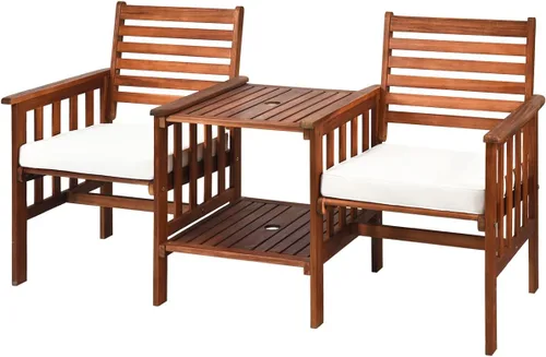 Tangkula Sofá biplaza de madera de acacia, juego de 3 sillas de mesa para exteriores, juego de conversación de patio con mesa auxiliar y cojines