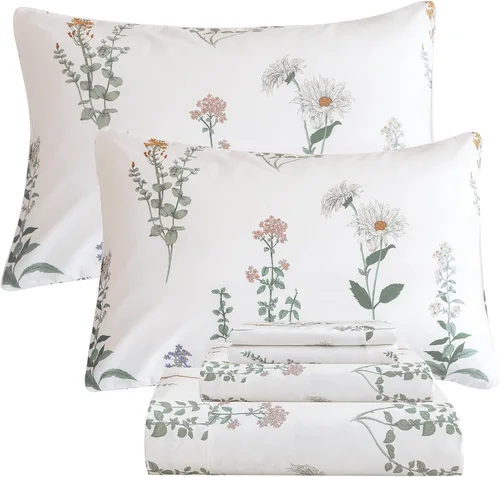 Miniatura 14 de QSH Juego de sábanas tamaño King con estampado floral - Estampado botánico de flores verdes, pájaros y mariposas, ropa de cama de algodón egipcio