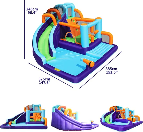 Miniatura 6 de Casa inflable de rebote de tobogán acuático para niños, casa inflable para patio trasero con tobogán acuático para regalo (ventilador incluido)