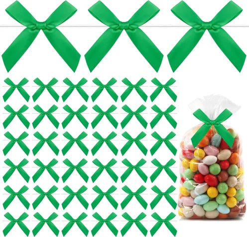 Paquete de 50 lazos de lazo torcido verde, lazos de cinta de satén pequeños para manualidades, mini corbatines para regalos, decoraciones de