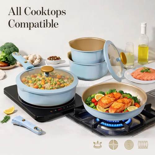 Miniatura 7 de CAROTE Juego de ollas y sartenes de titanio, juego de utensilios de cocina antiadherentes, mango desmontable, utensilios de cocina de inducción Azul