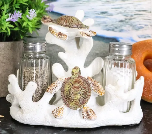 Miniatura 2 de Ebros - Juego de 2 saleros y pimenteros náuticos de arrecife de coral blanco con 2 tortugas marinas y pimenteros, escultura decorativa como centro