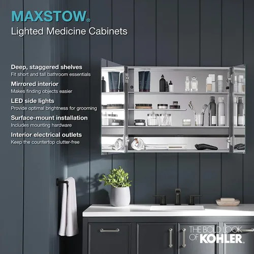 Miniatura 3 de Kohler K-81144-SLE-DA1 Maxstow Botiquín con luz LED, puerta de espejo y estantes escalonados, marco rectangular, 17" x 24