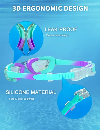 Miniatura 3 de gafas de natación para niños con pinza para la nariz, tapones para los oídos, puente de nariz para niños de 3 a 15 años Azul y púrpura