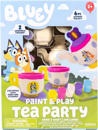 Miniatura 8 de Juego de té Bluey Paint & Play, juego de madera de 6 piezas, personalizable con pintura y calcomanías, 2 coronas portátiles, juguetes divertidos