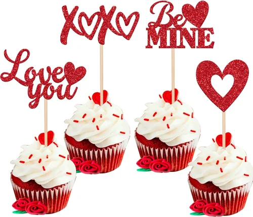 Miniatura 42 de Paquete de 24 adornos para cupcakes con purpurina en forma de corazón con temática de amor dulce, decoración de pasteles para el día de San