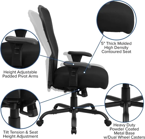 Miniatura 6 de Flash Furniture HERCULES Series 24/7 Uso Intensivo Big & Tall 400 lb. Silla de oficina ergonómica multifunción de malla negra con inclinación