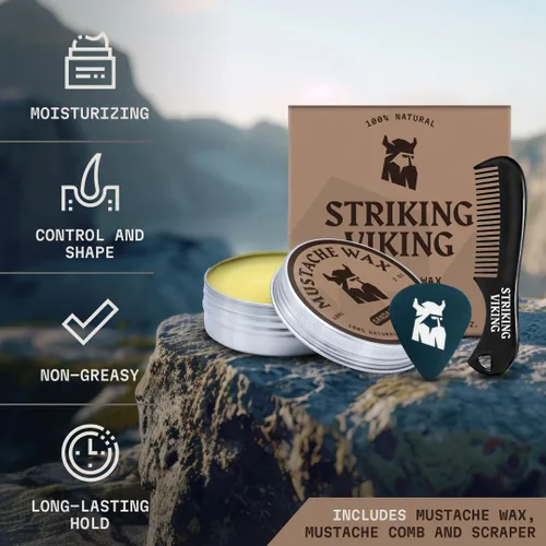 Miniatura 3 de Striking Viking Cera para bigote para hombres con peine – 2 onzas, sándalo – Cera de sujeción fuerte con peine de bigote antiestático para un aseo