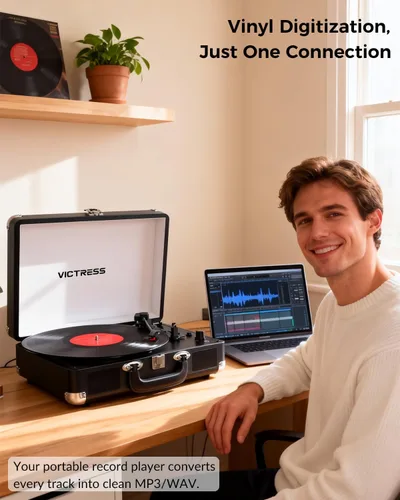 Miniatura 6 de Tocadiscos de vinilo con entrada y salida Bluetooth, tocadiscos portátil vintage de maleta, tocadiscos LP de 3 velocidades con conversión de vinilo
