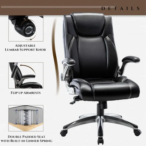 Miniatura 5 de COLAMY Silla Ergonómica de Oficina Ejecutiva con Cuero Sintético Grueso, Reposabrazos Abatibles, Respaldo Alto Ajustable en Altura e Inclinación