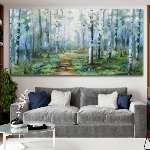 Miniatura 5 de Enartly Arte de pared de paisaje grande para sala de estar y dormitorio, decoración de pared de abedul blanco, lienzo de bosque verde, pintura