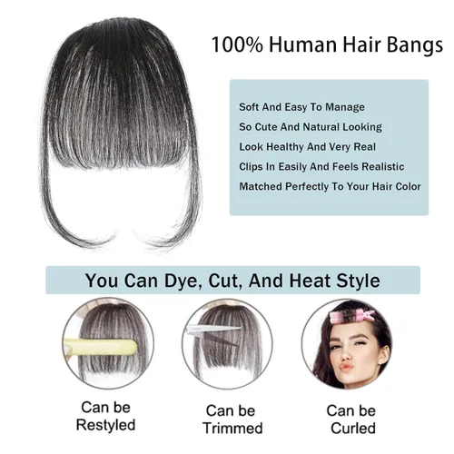 Miniatura 3 de MOCA HAIR Flequillo con clip, 100 % cabello humano, con pinzas de cabello humano real, color marrón oscuro con sienes, extensiones de flequillo