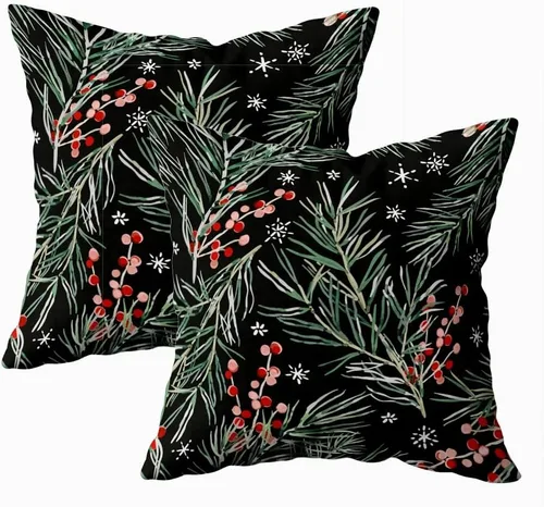 CAPSCEOLL 2 fundas de almohada suaves de ramas negras de 16 x 16 pulgadas, diseño de bayas de Navidad, color negro, botánico, verde, rama, floral,