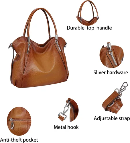 Miniatura 5 de HESHE Bolsos y bolsos de cuero genuino para mujer, bolso de mano con asa superior, bolso Hobo, bolso de mano, bolso cruzado para mujer